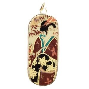 Japanese Geisha Portrait Pottery Shard Pendant Japanese Kimono Satsuma Art Focal